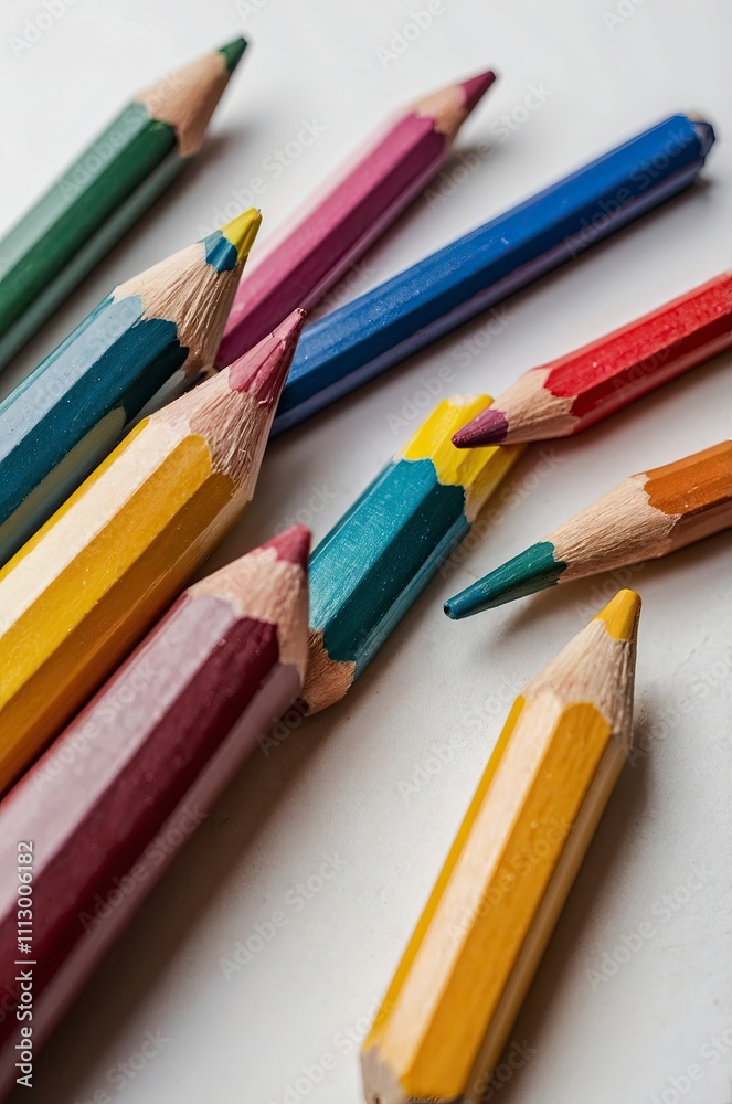 Colored pencils on white background. Close-up. Flatlay. Copy space Colored pencils on white background. Close-up. Flatlay. Copy space