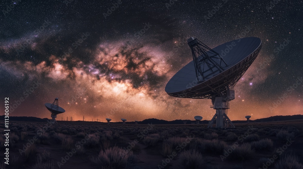 Radiating under a star-filled night sky, several radio telescopes capture cosmic signals. The Milky Way stretches across the dark expanse, providing a stunning backdrop to this scientific exploration Radiating under a star-filled night sky, several radio telescopes capture cosmic signals. The Milky Way stretches across the dark expanse, providing a stunning backdrop to this scientific exploration