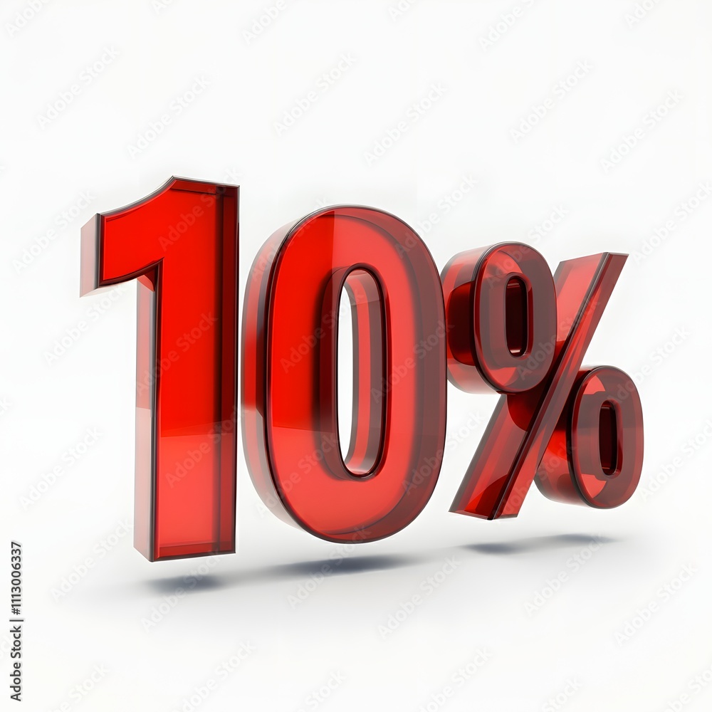 3D bold red text reading '10%' with a glossy finish and floating shadow effect, highlighted by rim lighting. Presented on a pure white background, offering a sleek and professional promotional design 3D bold red text reading '10%' with a glossy finish and floating shadow effect, highlighted by rim lighting. Presented on a pure white background, offering a sleek and professional promotional design