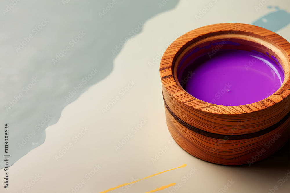 Bright Purple Paint in Wooden Bucket Container, Vibrant Wood Grain Bright Purple Paint in Wooden Bucket Container, Vibrant Wood Grain