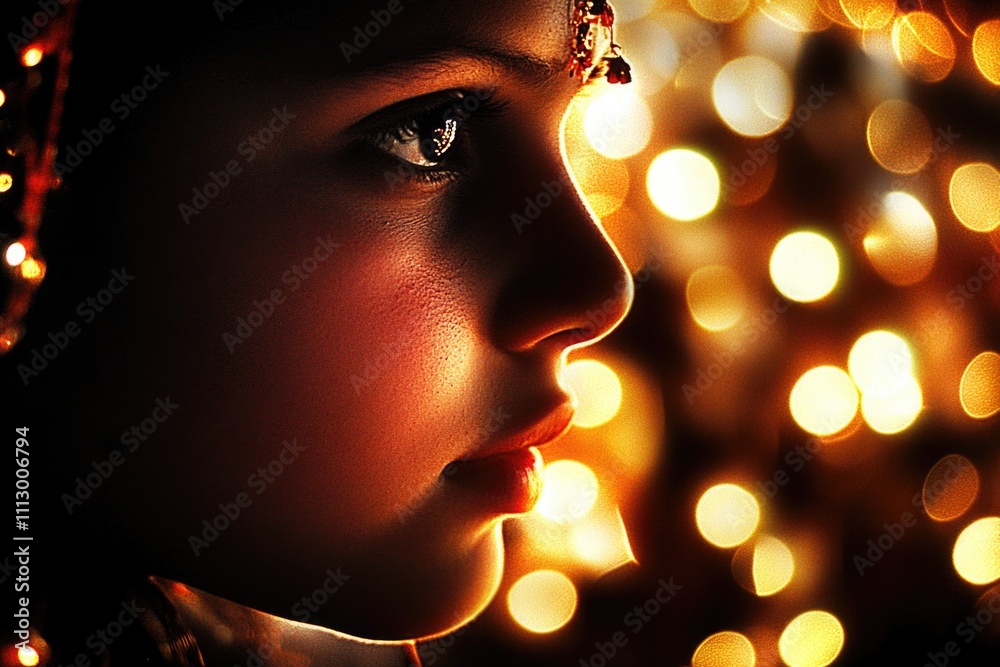 Profile of young female amidst warm golden bokeh light Profile of young female amidst warm golden bokeh light
