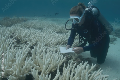 Fototapeta Naklejka Na Ścianę i Meble -  Female scientist studying coral reefs underwater in marine conservation effort