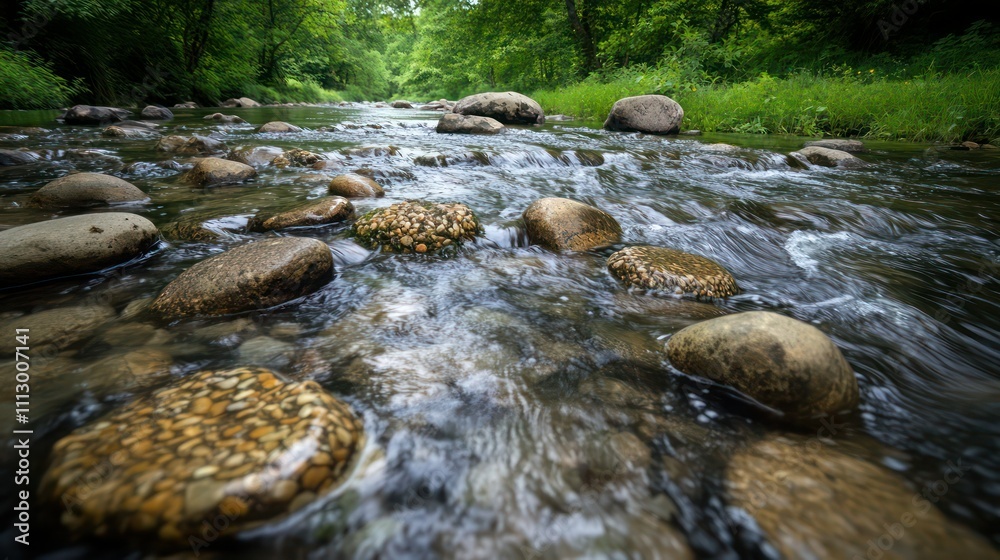 Crystal-clear river flowing over smooth stones in a lush green forest, viewed from a low perspective near the watera??s edge.