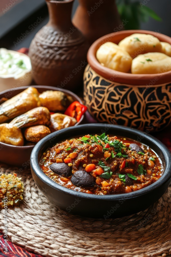Ghana independence day celebration with traditional food and festive atmosphere. Vertical poster. Traditional food of Ghana on a table Ghana independence day celebration with traditional food and festive atmosphere. Vertical poster. Traditional food of Ghana on a table