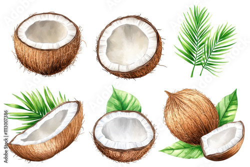 Tropical watercolor coconut palms and coconuts on a white background