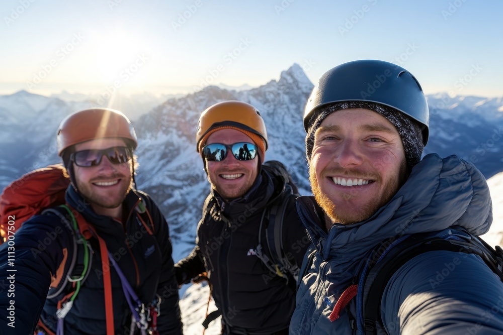Three mountaineers enjoy a moment of elation at the mountain top, taking a group selfie against a scenic background of majestic snowy peaks and vibrant sunlight. Three mountaineers enjoy a moment of elation at the mountain top, taking a group selfie against a scenic background of majestic snowy peaks and vibrant sunlight.