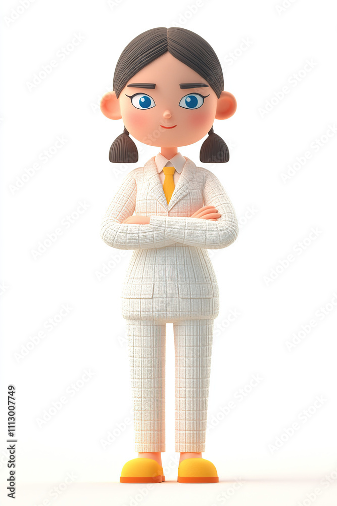 A stylized character in a white suit with a yellow tie, exuding confidence and professionalism. A stylized character in a white suit with a yellow tie, exuding confidence and professionalism.
