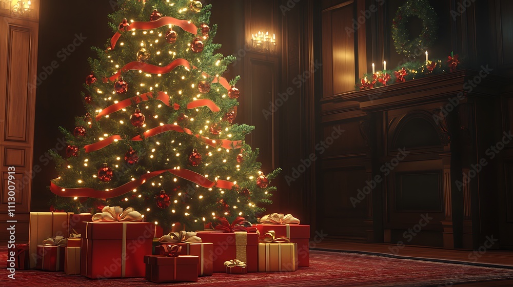 A beautifully decorated Christmas tree with gifts in a cozy, festive setting.