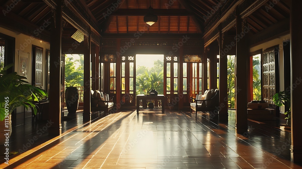 A serene interior space with wooden architecture, natural light, and lush greenery outside. A serene interior space with wooden architecture, natural light, and lush greenery outside.