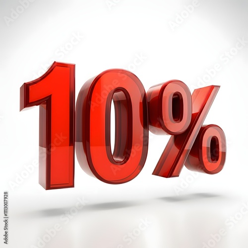 3D bold red text reading '10%' with a glossy finish and floating shadow effect, highlighted by rim lighting. Presented on a pure white background, offering a sleek and professional promotional design