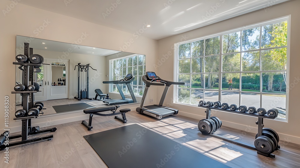 A modern home gym featuring exercise equipment and large windows for natural light. A modern home gym featuring exercise equipment and large windows for natural light.