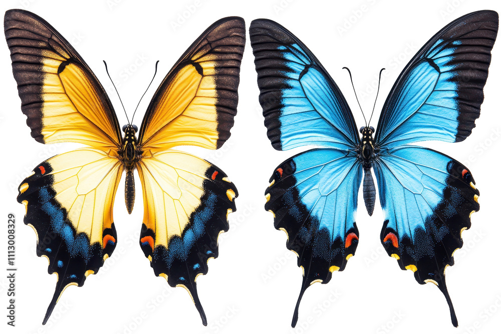 Obraz premium Set of two beautiful tropical butterflies on a white background