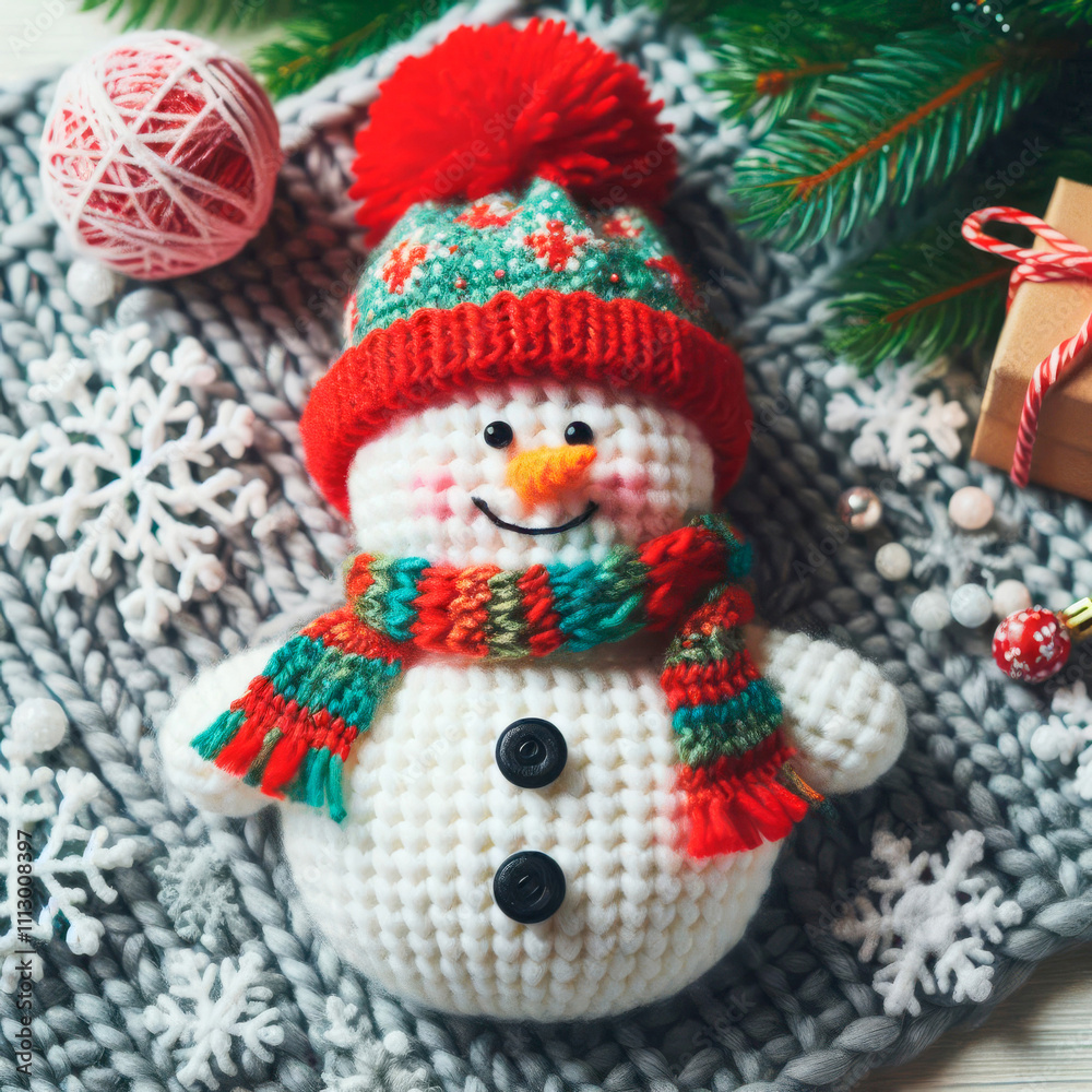 snowman with a red hat and scarf is sitting on a blanket. The snowman is smiling and he is happy snowman with a red hat and scarf is sitting on a blanket. The snowman is smiling and he is happy