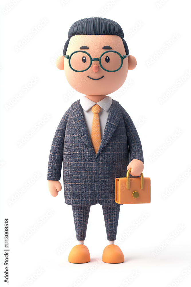 A cheerful cartoon character in a suit holding a briefcase, representing a business professional. A cheerful cartoon character in a suit holding a briefcase, representing a business professional.