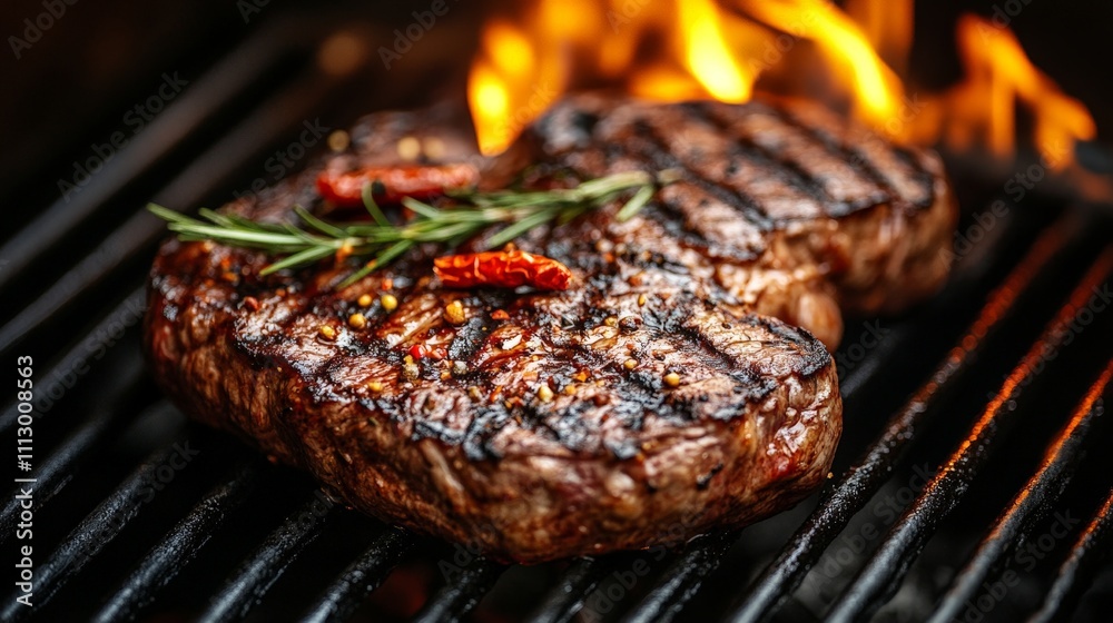 A perfectly grilled steak with herbs, showcasing culinary art and flavor. A perfectly grilled steak with herbs, showcasing culinary art and flavor.