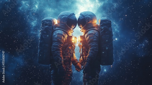 Two astronauts holding hands and kissing passionately in their bulky, intricately designed spacesuits.