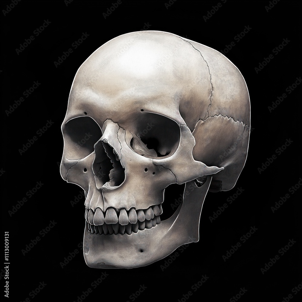 Obraz premium Detailed anatomical human skull illustration. High quality graphic design. Image perfect for medical educational resources. Image suitable for biomedicine anatomy related projects. Detailed graphic.
