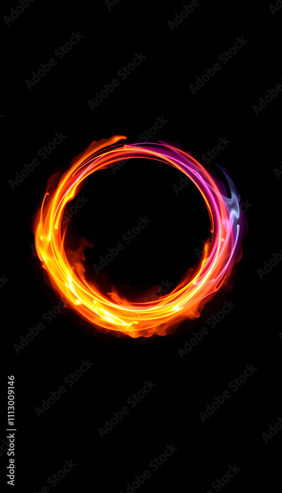 Colorful blazing ring fire fiery atom sphere circle magic shiny rotation loop around the core on a black background isolated with white highlights, png Colorful blazing ring fire fiery atom sphere circle magic shiny rotation loop around the core on a black background isolated with white highlights, png