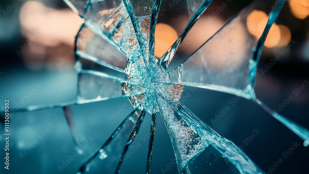 A macro close-up of shattered glass, focusing on the detailed cracks and impact point. The blurry urban backdrop in blue tones adds a modern, abstract aesthetic.