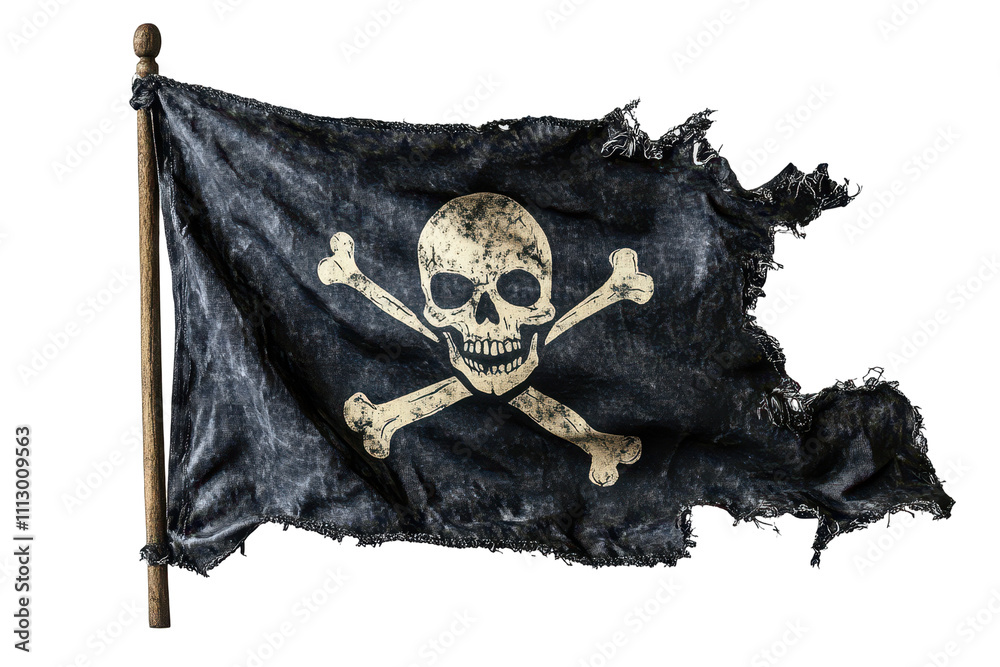 Fototapeta premium Silhouette of a pirate flag with a skull and bones on a white background