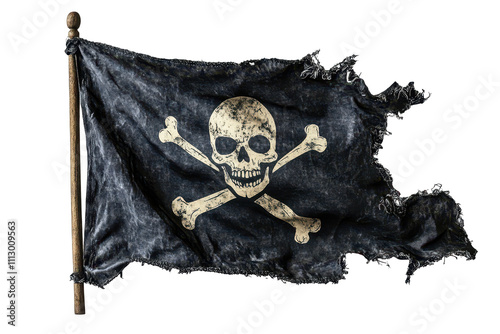 Silhouette of a pirate flag with a skull and bones on a white background