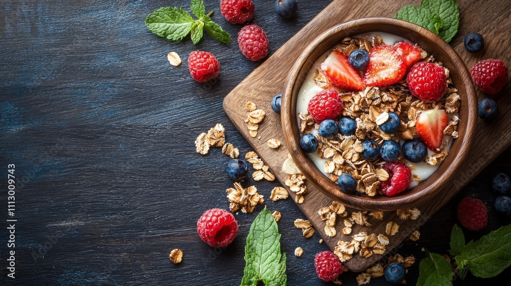Healthy breakfast bowl with granola, berries, and mint leaves Healthy breakfast bowl with granola, berries, and mint leaves