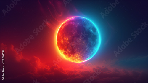 A glowing moon with neon light.