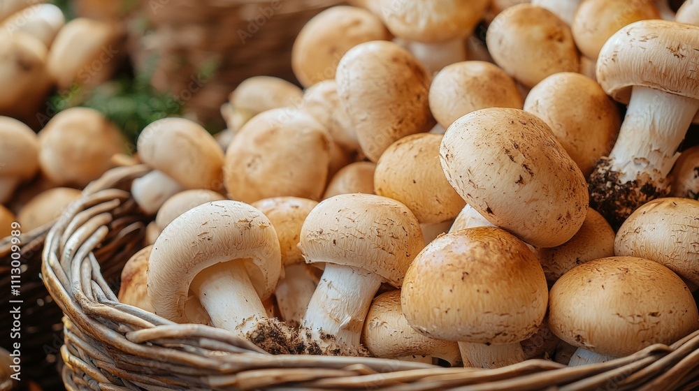 Fresh mushrooms in a rustic basket with earthy tones Fresh mushrooms in a rustic basket with earthy tones