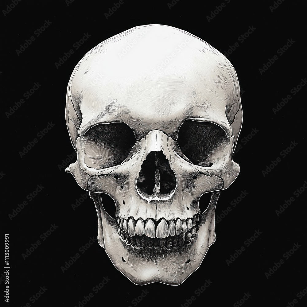 Obraz premium Detailed illustration of human skull. Image shows anatomy of skull from front view. Artistic medical illustration for anatomy education design projects. Studio shot on dark background. Skull