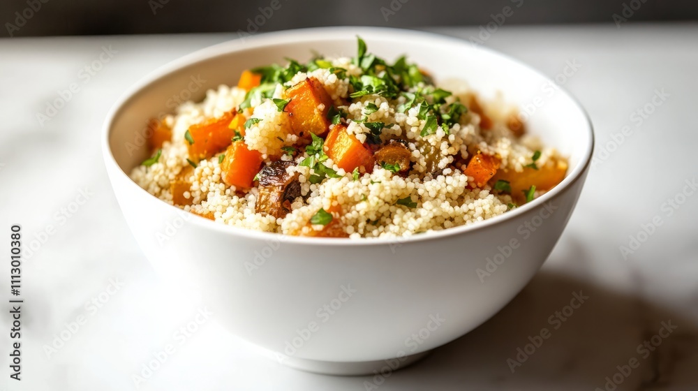 A simple white bowl filled with couscous, topped with roasted vegetables and a sprinkle of fresh herbs, sitting on a clean surface. The couscous is fluffy, and the vegetables are lightly browned. A simple white bowl filled with couscous, topped with roasted vegetables and a sprinkle of fresh herbs, sitting on a clean surface. The couscous is fluffy, and the vegetables are lightly browned.