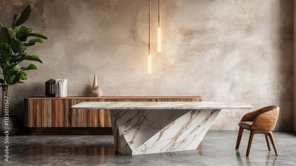 Minimalist Dining Room Design: Marble Table and Wooden Chairs Minimalist Dining Room Design: Marble Table and Wooden Chairs
