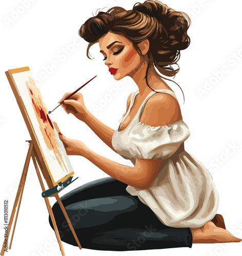 Female Artist Painting a Picture painter Vector Illustration