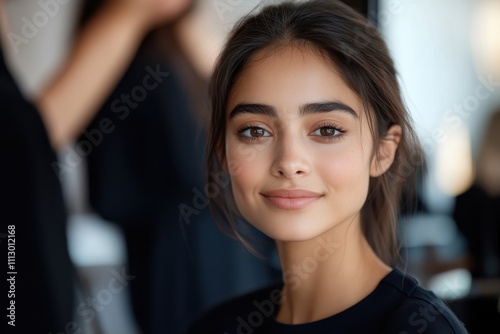 The image features a young lady's enchanting smile and gentle gaze, with soft, diffused lighting that enhances her natural charm and creates a serene ambience. Free Download The image features a young lady's enchanting smile and gentle gaze, with soft, diffused lighting that enhances her natural charm and creates a serene ambience. - GFXLoad