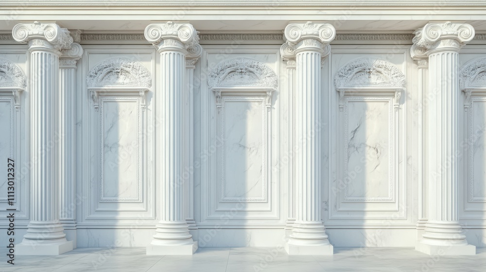 Fototapeta premium Elegant marble wall with classical columns and intricate detailing.