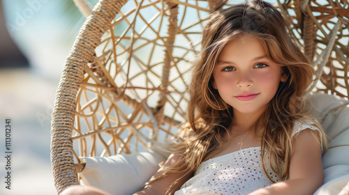 Beautiful girl relaxing on swing hanging chair.