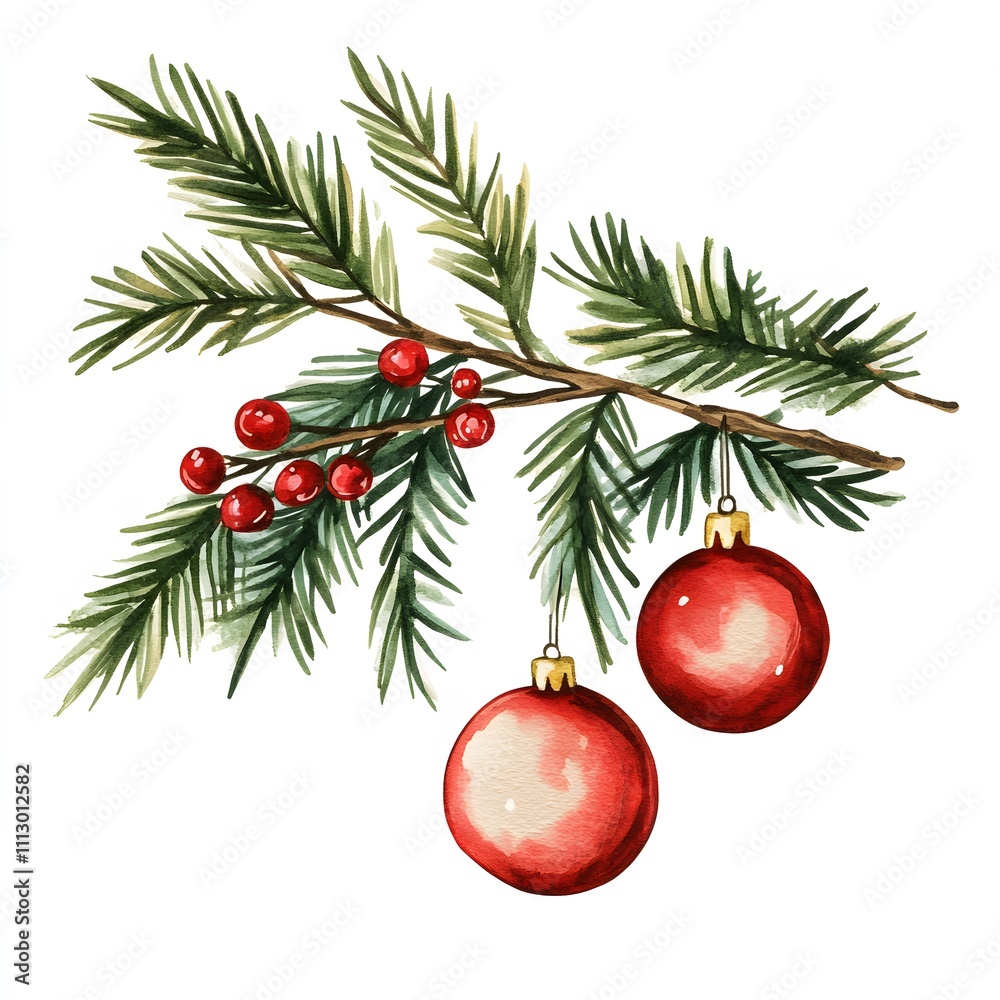 Illustration christmas tree branch with christmas decorations on white background Illustration christmas tree branch with christmas decorations on white background
