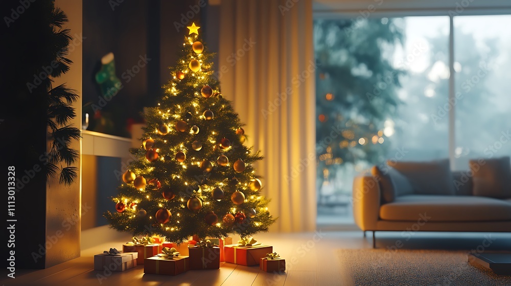 A cozy living room with a beautifully decorated Christmas tree and gifts underneath.