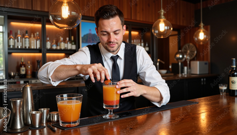 Bartender mixing cocktails at a modern bar counter
