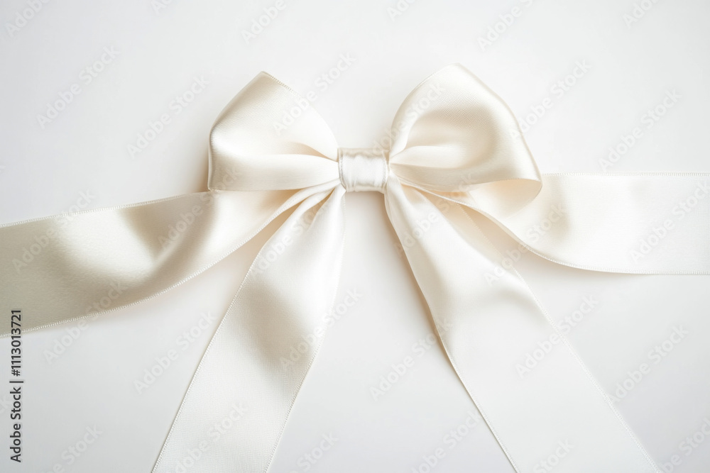 A satin white ribbon with a bow in the center, crossing from one corner of the screen to the other on white background. AI generated. A satin white ribbon with a bow in the center, crossing from one corner of the screen to the other on white background. AI generated.