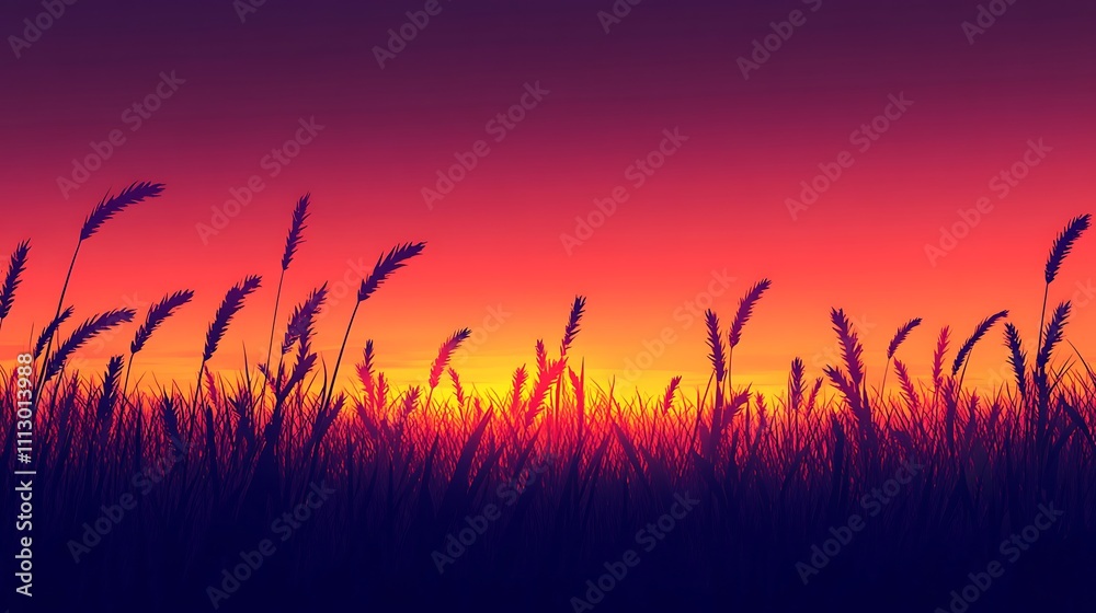 A vibrant sunset over tall grass, creating a serene and picturesque landscape. A vibrant sunset over tall grass, creating a serene and picturesque landscape.