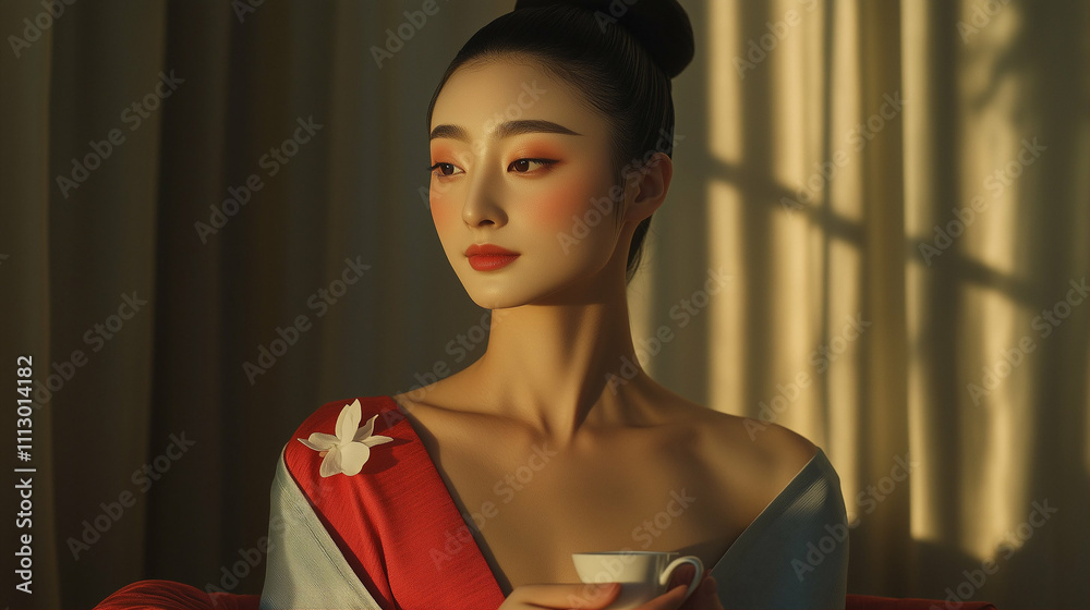 Woman portrait lifestyle with a cup in sunlight showing elegance and beauty Woman portrait lifestyle with a cup in sunlight showing elegance and beauty