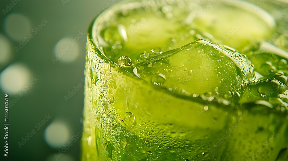 A close-up of a refreshing green drink with ice and bubbles. A close-up of a refreshing green drink with ice and bubbles.