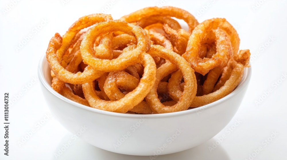 A portion of curly fries placed in a clean white bowl, arranged in a neat pile. The fries are golden brown and crispy, sitting on a smooth white surface. A portion of curly fries placed in a clean white bowl, arranged in a neat pile. The fries are golden brown and crispy, sitting on a smooth white surface.