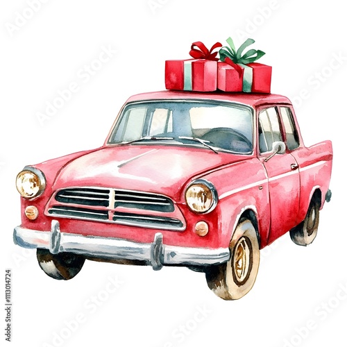 Watercolor sketch of a red retro car with Christmas tree snow and gift boxes on a white background	