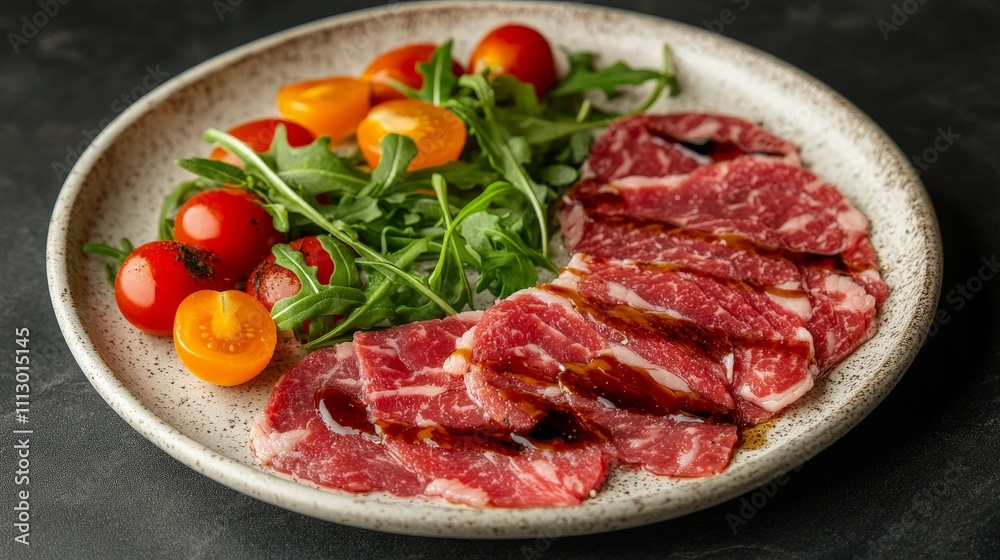 A plate featuring sliced meat, cherry tomatoes, and arugula, showcasing a gourmet dish. A plate featuring sliced meat, cherry tomatoes, and arugula, showcasing a gourmet dish.
