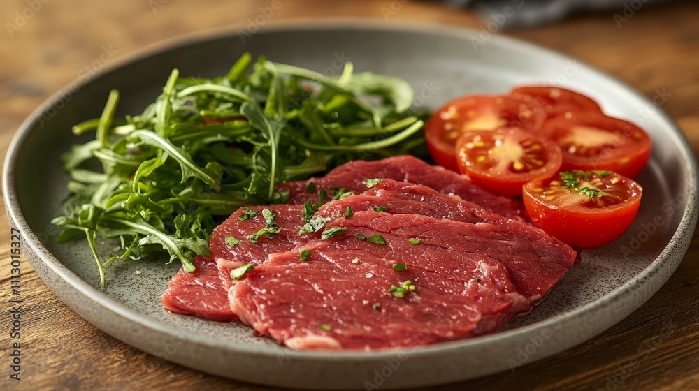 A plate featuring sliced raw beef, fresh arugula, and halved tomatoes. A plate featuring sliced raw beef, fresh arugula, and halved tomatoes.