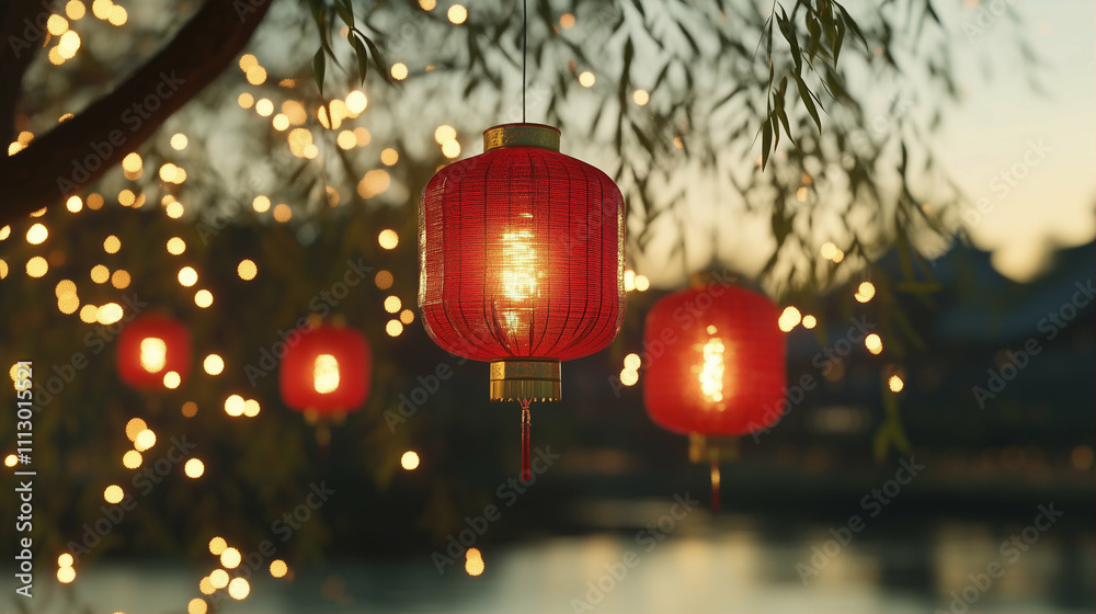 Lanterns hanging in the evening glow with festive decorations and shimmering lights in a serene atmosphere Lanterns hanging in the evening glow with festive decorations and shimmering lights in a serene atmosphere
