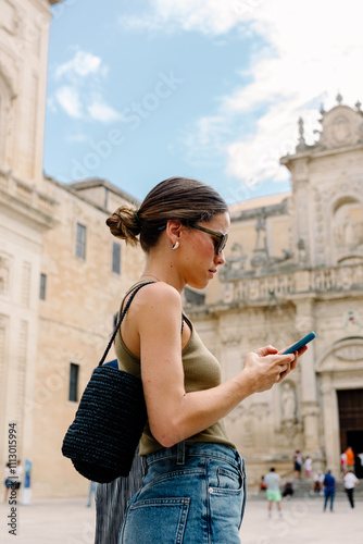 Tourist uses a phone to locate herself during touristic trip in Italy photo