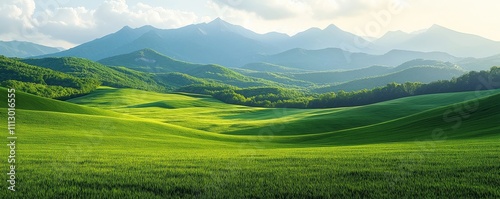 Vast green field stretches across landscape gently rolling hills with rich trees. Majestic mountain range forms background. Sunny day. Peaceful nature scene.