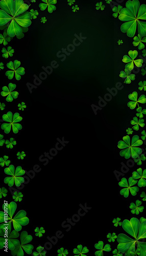 St. Patrick's Day abstract green background decorated with shamrock leaves. Patrick Day pub party celebrating. Abstract Border art design magic backdrop. Widescreen clovers on black with copy space  photo